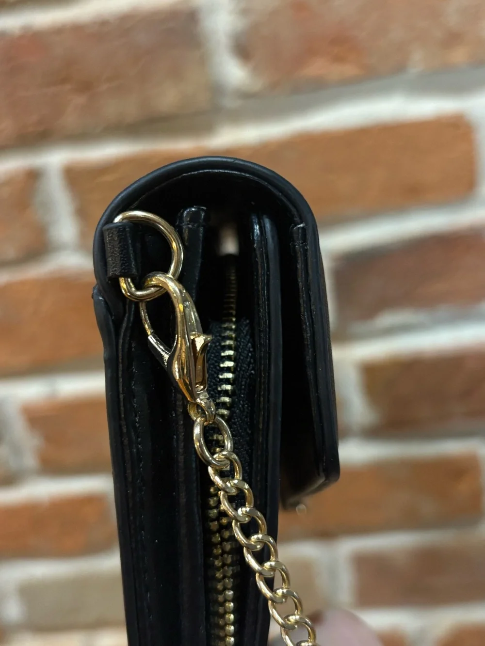 ALDO Black Faux Leather Envelope Clutch with Gold Chain